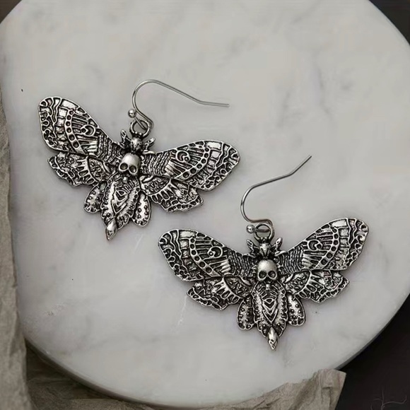 Silver Skull Moth Drop Earrings - Picture 3 of 15